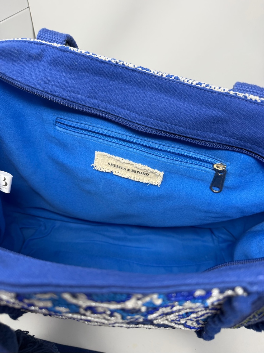 Boho America and Beyond Embroidered Blue Tote Bag with Tassel and Insert - Picture 6 of 16